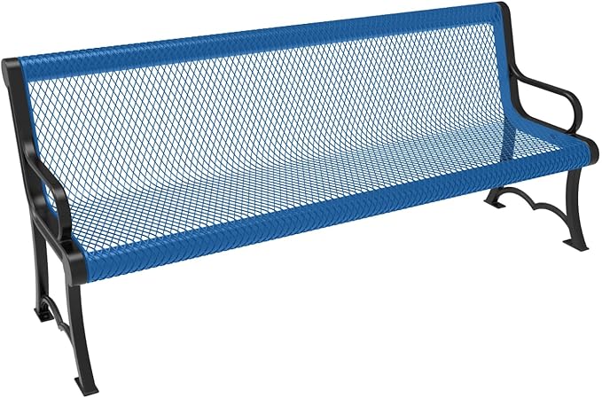 COATEDOUTDOORFURNITURE Heavy-Duty Outdoor Bench Thermoplastic Coated, Expanded Metal, Commercial-Grade Garden Bench, Made in America (Portable with Back, 6 Ft, Textured Light Blue)