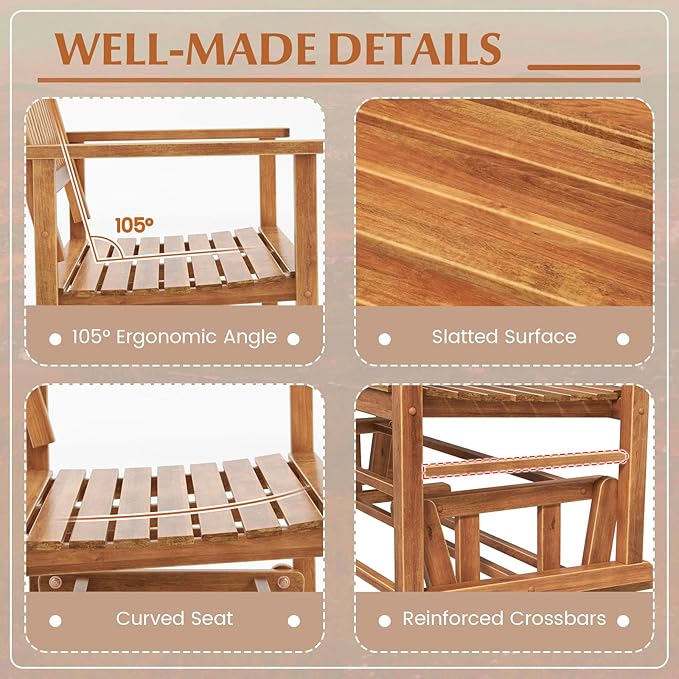 Tangkula 2 Person Outdoor Glider Bench, Poplar Wood Patio Swing Glider Loveseat with Armrests, Slatted Seat & Backrest - Photo 8