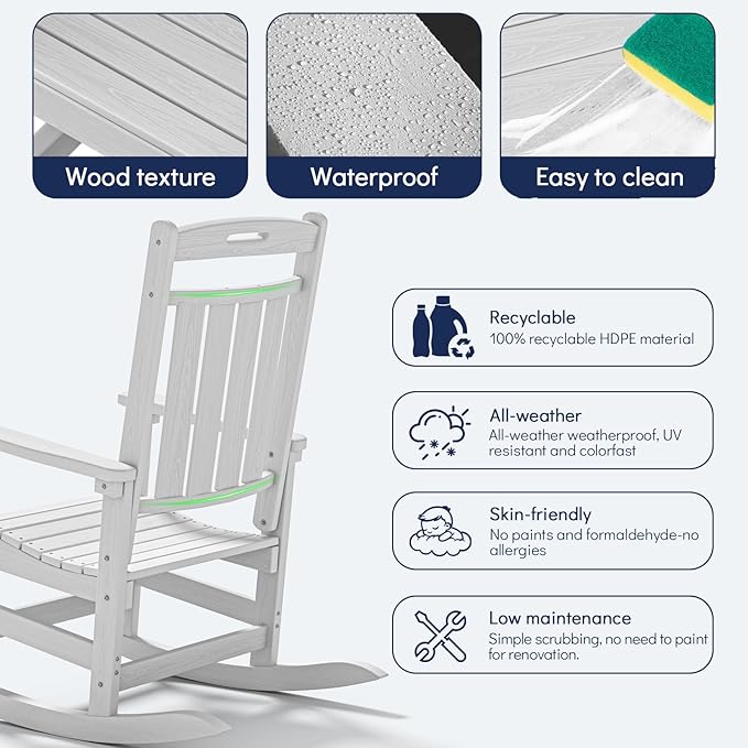 Plawdlik Oversized HDPE Outdoor Rocking Chair - 380 lbs Capacity, All - Weather, Ergonomic for Patio & Backyard,White
