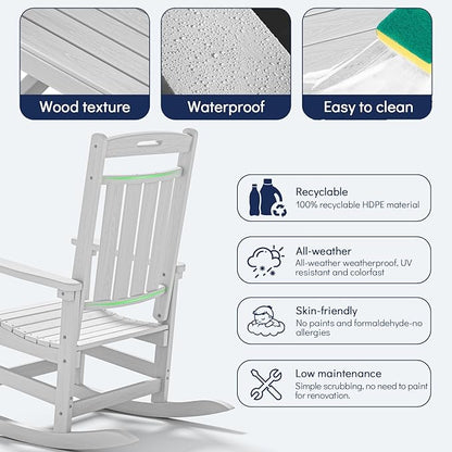Plawdlik Oversized HDPE Outdoor Rocking Chair - 380 lbs Capacity, All - Weather, Ergonomic for Patio & Backyard,White