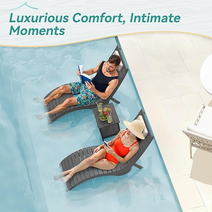 Pool Lounge Chairs - Anti-Floating HDPS Design for Pools & Backyard Sun Decks, Weighted Pool Chairs and Lounges for Poolside or Outside, Includes Headrest, Neutral Grey