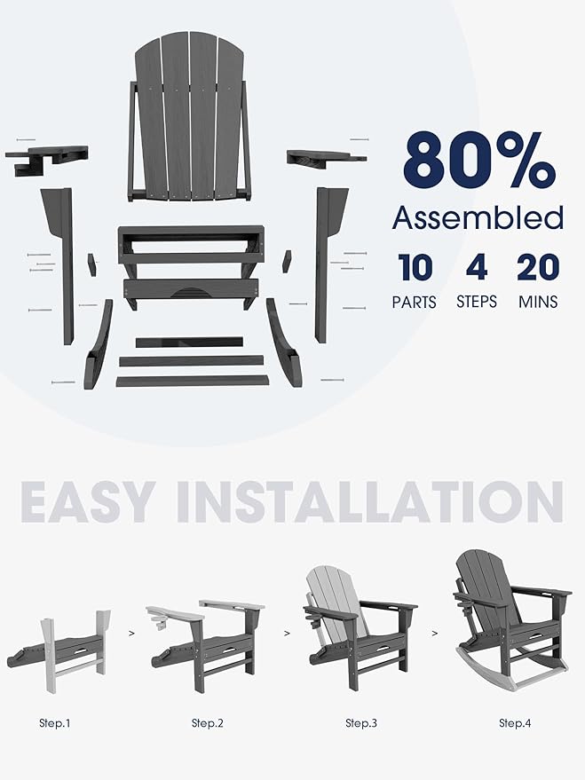 KINGYES Adirondack Rocking Chair Set of 4 with Retractable Ottoman and Cup Holders, HDPE Adirondack Rocker Patio Rocking Chair for Porch, Patio, Balcony, Leaden Grey
