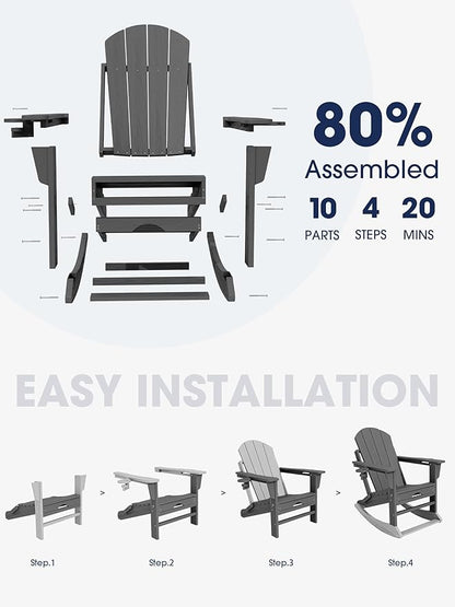 KINGYES Adirondack Rocking Chair Set of 4 with Retractable Ottoman and Cup Holders, HDPE Adirondack Rocker Patio Rocking Chair for Porch, Patio, Balcony, Leaden Grey