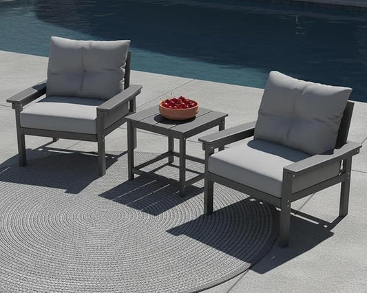 3 Piece HDPE Outdoor Patio Furniture Set, All-Weather 2 Armchairs with Side Table, Patio Conversation Set with Washable Thick Cushion for Balcony/Porch/Backyard, Grey