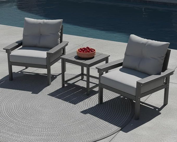 3 Piece HDPE Outdoor Patio Furniture Set, All-Weather 2 Armchairs with Side Table - Photo 1