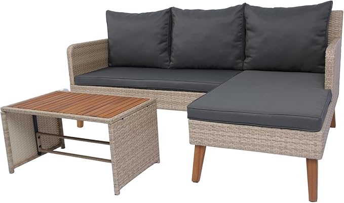 Quarte 3 Piece Outdoor Patio Wicker Sectional Sofa,L-Shaped Seating Group Conversation Sets with Acacia Wood Table for Porch Lawn Garden Backyard Poolside