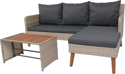 Quarte 3 Piece Outdoor Patio Wicker Sectional Sofa,L-Shaped Seating Group Conversation Sets with Acacia Wood Table for Porch Lawn Garden Backyard Poolside