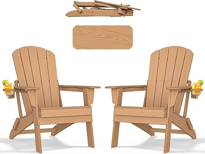 nevilywood HDPE Foldable Fire Pit Chairs Set of 2 with Cup Holders, Wood Grain, Durable Design, Perfect for Patio, Backyard & Outdoor Gatherings, Teak