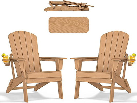 nevilywood HDPE Foldable Fire Pit Chairs Set of 2 with Cup Holders, Wood Grain, Durable Design, Perfect for Patio, Backyard & Outdoor Gatherings, Teak