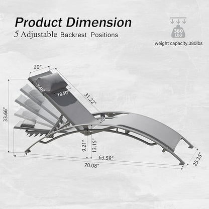 Domi Outdoor Chaise Lounge Set of 2, Aluminum Lounge Chairs with 5 Adjustable Positions, All Weather Patio Lounge Chair for Pool, Garden, Beach, Backyard (Grey)
