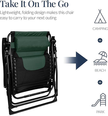 Best Choice Products Oversized Padded Zero Gravity Chair, Folding Outdoor Patio Recliner, XL Anti Gravity Lounger for Backyard w/Headrest, Cup Holder, Side Tray, Polyester Mesh - Forest Green