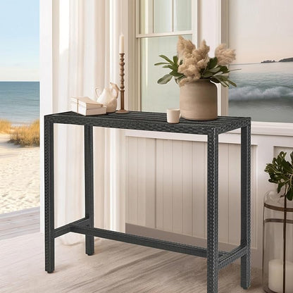 Outdoor Bar Table, Outdoor Console Table for Patio 45" Long Bar Height Table Hot Tub Tall Tables Wicker High Top Pub Serving Tables Narrow Sofa Sideboard Black