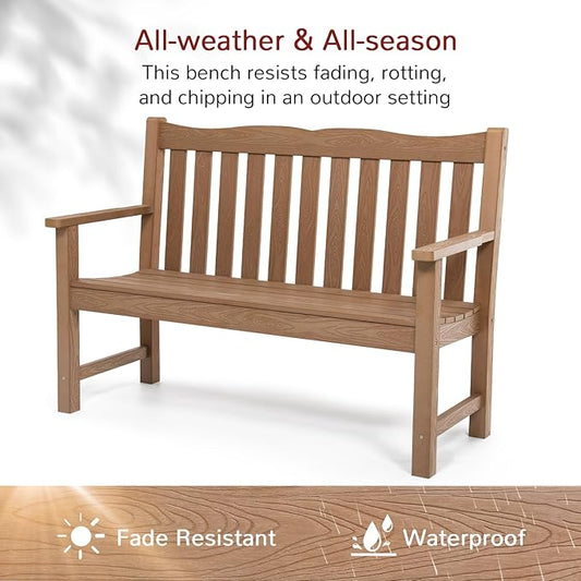 Stoog HIPS Outdoor Patio Dining Set, 4-Piece All-Weather Garden Bench, Chairs and Table Set, Patio Dining Set for Backyard, Lawn, Deck and Porch, Teak