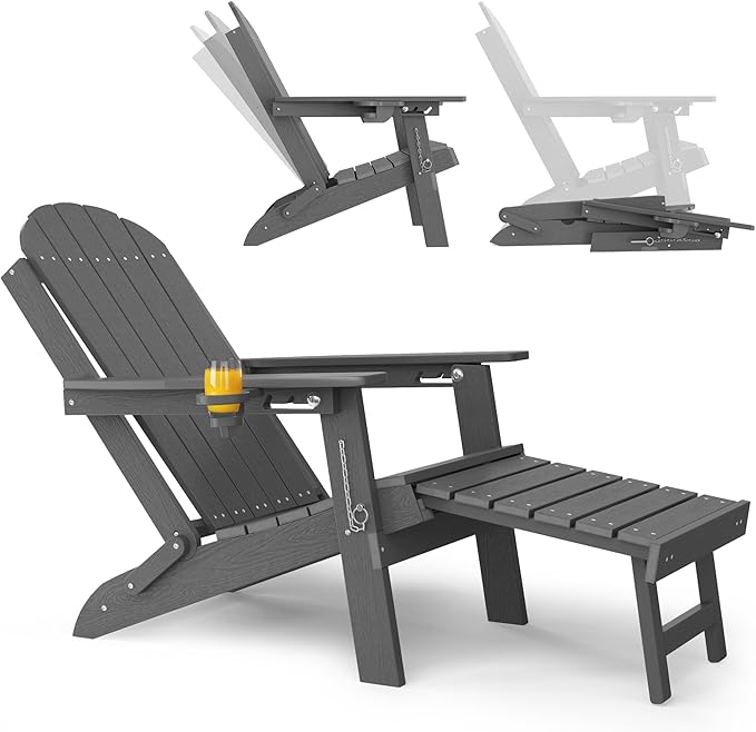 YEFU Folding Adirondack Chair with Footrest: Adjustable Adirondack Chairs with Retractable Ottoman - Sturdy HDEP Plastic with Cup Holder - All Weather for Outdoor/Patio/Fire Pit/Outside/Pool(Grey)