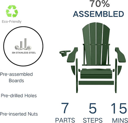 Foldable Adirondack Chair with Cup Holder-Heavy Duty Recycled HDPE Outdoor Patio Furniture, Weather Resistant Deck Lawn Fire Pit Chair (Dark Green, 2 Chair)