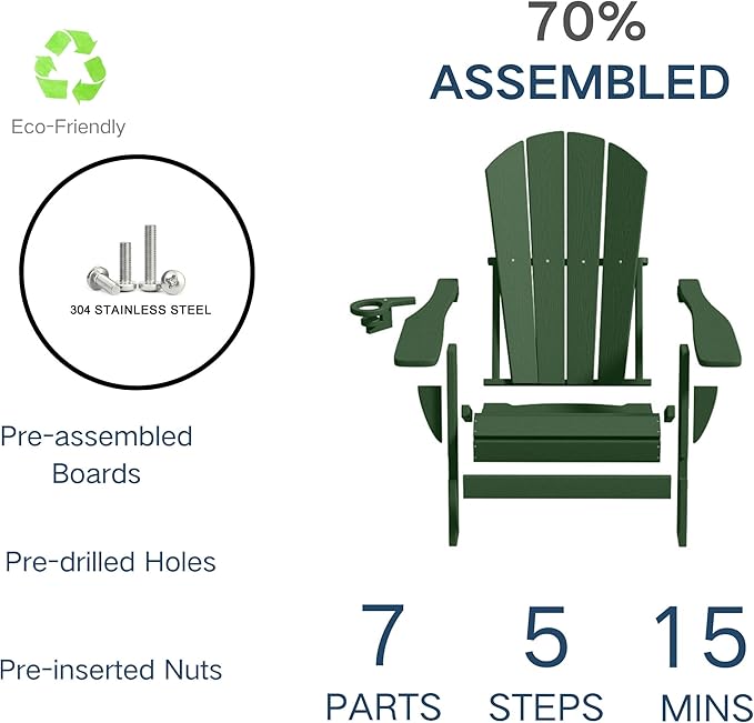 Foldable Adirondack Chair with Cup Holder-Heavy Duty Recycled HDPE Outdoor Patio Furniture, Weather Resistant Deck Lawn Fire Pit Chair (Dark Green, 1 Chair)