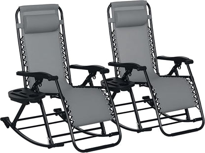 Outsunny Set of 2 Outdoor Rocking Chairs, Foldable Reclining Zero Gravity Lounge Rocker with Pillow, Cup & Phone Holder, Combo Design with Folding Legs, Gray