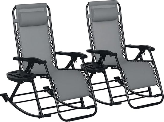 Outsunny Set of 2 Outdoor Rocking Chairs, Foldable Reclining Zero Gravity Lounge Rocker with Pillow, Cup & Phone Holder, Combo Design with Folding Legs, Gray
