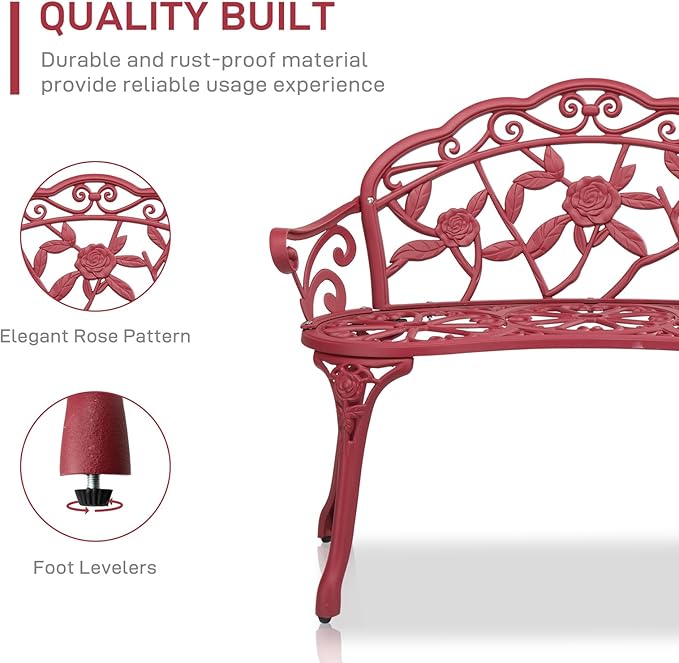 Outdoor Garden Bench,Patio Metal Rose Bench,2 Person Cast Iron Metal Frame Porch Bench with Backrest and Armrests,Outside Benches,Leisure Chair for Garden Porch Park Front Porch Balcony (Red)