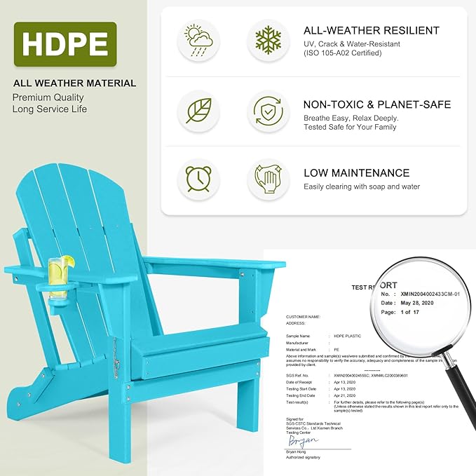 Folding Adirondack Chairs Set of 2- Plastic Adirondack Chairs with Cup Holder, Weather Resistant for Outdoor, Patio, Lawn, Garden, Backyard Deck, Fire Pit - Turquoise