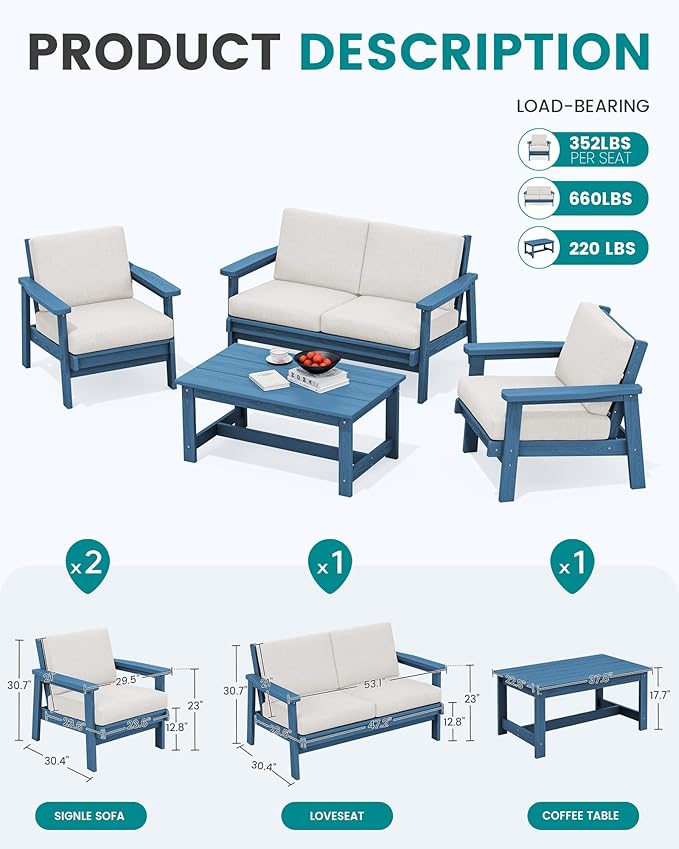 SERWALL 4 Piece HDPE Outdoor Furniture Set, All Weather Wood-Like Outdoor Sofa Sectional Couch - Photo 2