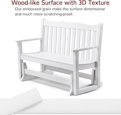 Stoog Outdoor Glider, 2 Person All-Weather Glider Bench with 800 lbs Weight Capacity, Never Fade or Rot, for Backyard, Garden, Deck, and Poolside, White