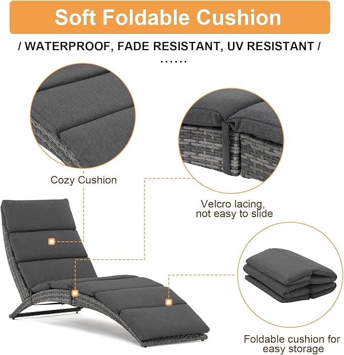 JOIVI Patio Chaise Lounge, Outdoor Lounge Chair, PE Rattan Folding Chaise Lounger with Removable Dark Gray Cushion - Photo 4