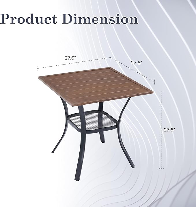 Outdoor Dining Table with Storage Shelf, 27.5" All-Weather Square Patio Dining Table for 2, Metal Patio Table for Garden Lawn Porch Deck Yard, Walnut