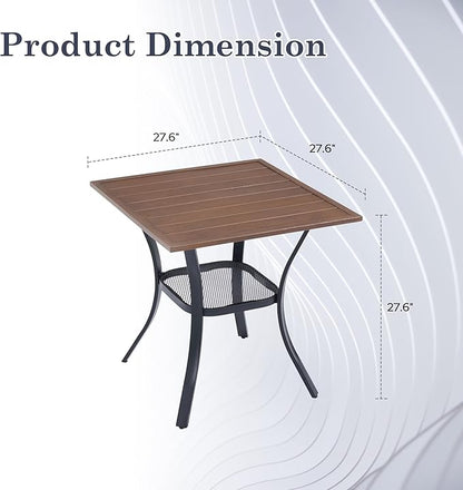 Outdoor Dining Table with Storage Shelf, 27.5" All-Weather Square Patio Dining Table for 2, Metal Patio Table for Garden Lawn Porch Deck Yard, Walnut