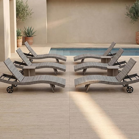 Set of 6 Gray Outdoor Chaise Lounge Chairs, Wicker Patio Lounge Chairs with Adjustable Backrest and Wheels, Durable PE Rattan Pool Chair for Patio, Poolside and Garden