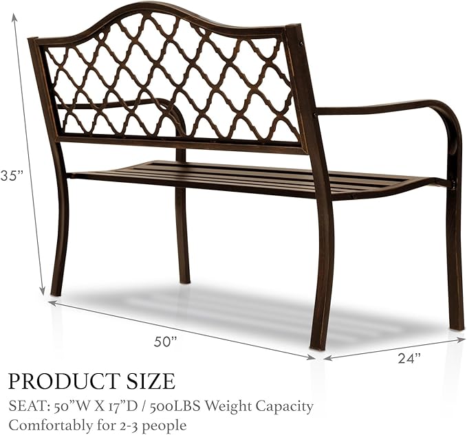 AJP Distributors 50" Outdoor Bench Garden Bench with Diamond Pattern Steel Metal Frame Park Bench Cast Iron Backrest Armrests for Patio Lawn Yard Deck Front Porch Backyard Driveway Balcony Furniture