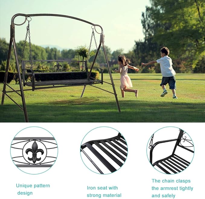 Porch Swing Hanging Bench Metal Porch Swing Outdoor Patio Furniture Iron Swing Chair Heavy Duty Steel Black Porch Swing Hanging Chair Porch Swings for Garden, Yard, Deck, Backyard(Not Included Stand)