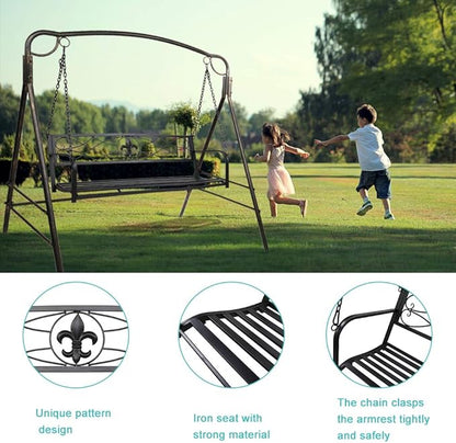 Porch Swing Hanging Bench Metal Porch Swing Outdoor Patio Furniture Iron Swing Chair Heavy Duty Steel Black Porch Swing Hanging Chair Porch Swings for Garden, Yard, Deck, Backyard(Not Included Stand)