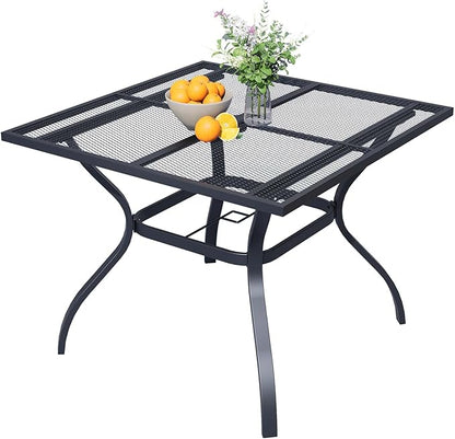 Square Patio Dining Table,All-Weather Metal Steel Mesh Patio Table with Umbrella Hole,Outdoor Dining Table for Lawn Garden Porch, Black