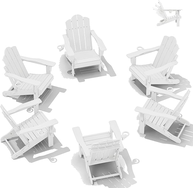 KINGYES Adjustable Folding Adirondack Chair Set of 6, 3-Position Reclining Adirondack Chairs with Cup Holder, HDPE All-Weather Oversized Adirondack for Outdoor, Patio, Backyard Deck, Fire Pit, White