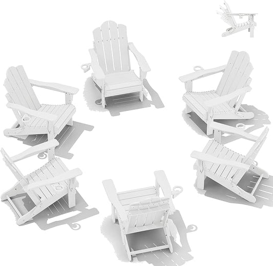KINGYES Adjustable Folding Adirondack Chair Set of 6, 3-Position Reclining Adirondack Chairs with Cup Holder, HDPE All-Weather Oversized Adirondack for Outdoor, Patio, Backyard Deck, Fire Pit, White