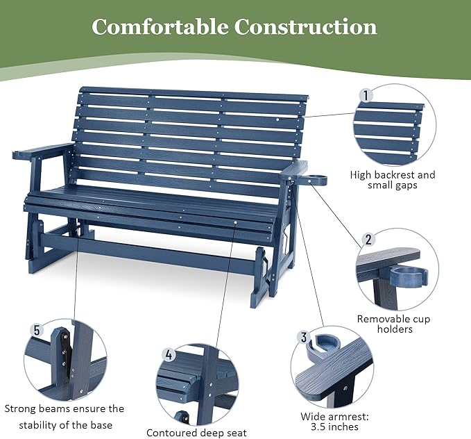 HIPS Patio Glider with Cup Holders, Durable Poly Lumber Material, All-Weather Resistant - Photo 5