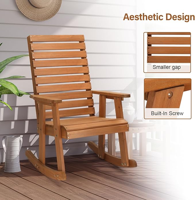 Bonnlo Outdoor Wooden Rocking Chair with High Backrest, Solid Fir Wood Rocking Chair, Heavy Duty 600 LBS Patio Rockers for Garden, Yard, Patio