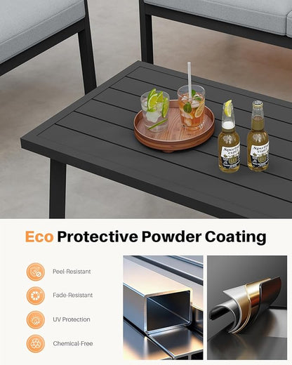 Patio Coffee Table, Never-Rust Aluminum Outdoor Coffee Table with Wood Grain Texture, Modern Rectangle Garden Coffee Table with Slatted Tabletop for Poolside, Decks, Indoor, Backyard, Black | Never-Rust, Slatted Tabletop