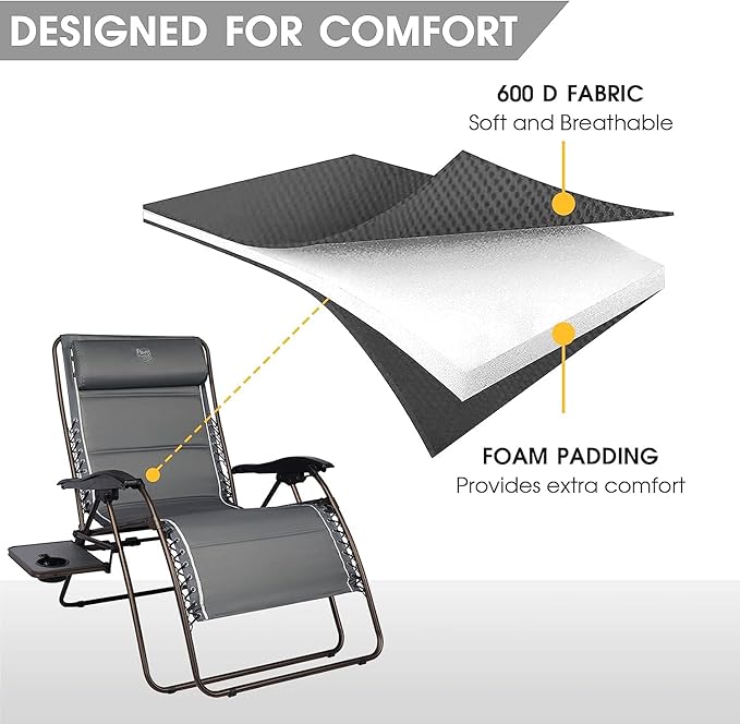 Timber Ridge Oversized Zero Gravity Chair, 33In Wide XXL Zero Gravity Reclining Chair with Side Table, Full Padded Lounge Chair for Outdoor Camping Patio Lawn, Heavy Duty Supports 500lbs, Grey-2 Pack