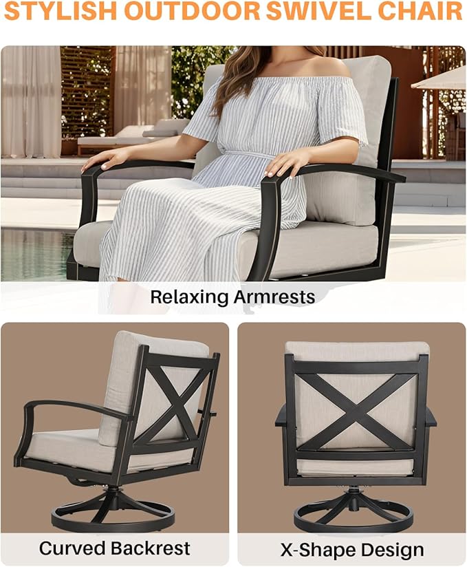 Patio Swivel Armchairs Set of 2, Never-Rust Aluminum Swivel Sofa Chairs with Thick Cushion, Wide Seating Outdoor Sofa Chairs Backyard Club Chairs for Poolside, Porch, Indoor, Dark Bronze