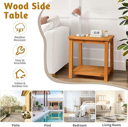 Outvita Patio Small Side Table, Acacia Wood 18 inch Double-Deck Coffee Table with Storage Tier for Living Room, Garden, Balcony, Porch, Deck (Teak Color)