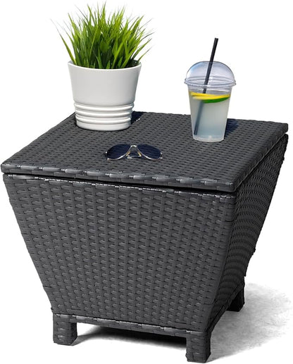 Outdoor Wicker Side Table with Storage Space, Square PE Rattan End Table for Patio Garden Poolside Deck