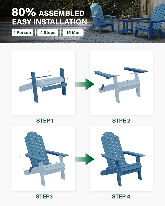 MXIMU Folding Adirondack Chair for Outdoor: Easy to Assemble and Comfortable Adirondack Chairs Set of 2 - All Weather Composite Plastic Chair for Outside Fire Pit Patio Lawn Garden Backyard Use(Navy)