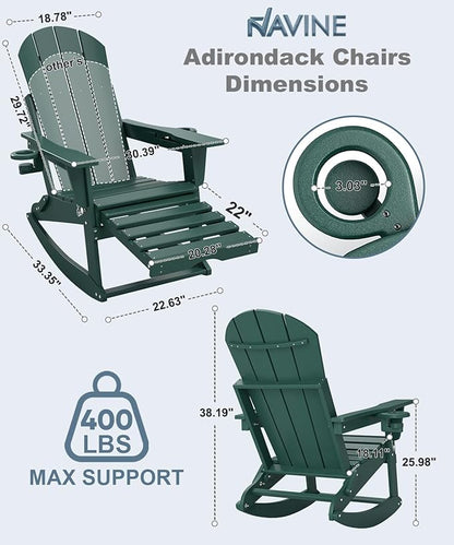 Adirondack Rocking Chairs Set of 4 with Retractable Ottoman, All Weather Folding Adirondack Chair with Two Cup Holders, Adirondack Outdoor Rocking Chairs for Porch, Patio, Balcony. Dark Green