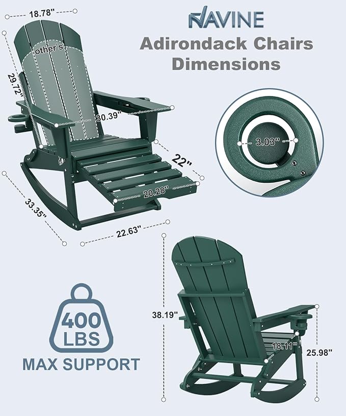 Adirondack Rocking Chair with Retractable Ottoman, All Weather Folding Adirondack Chair with Two Cup Holders, Adirondack Outdoor Rocking Chairs for Porch, Patio, Balcony. Dark Green
