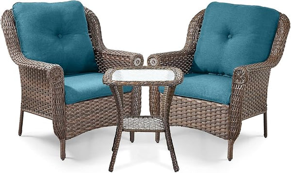 3 Piece Patio Brown Wicker Chairs with Side Table - Outdoor High Back Heavy Duty All-Weather Lawn Dining Rattan Chair - Photo 1
