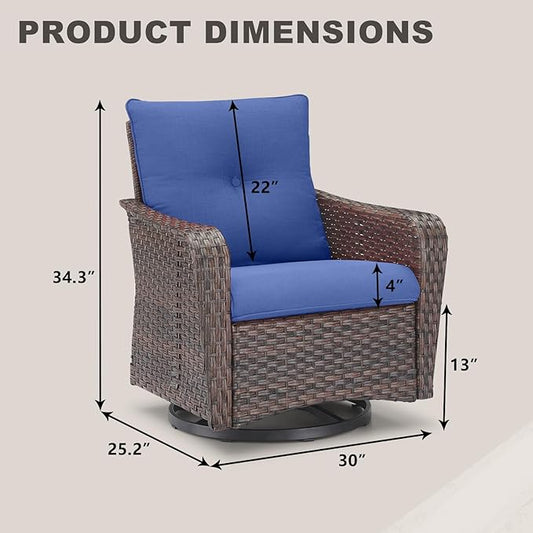 Rilyson Outdoor Patio Swivel Rocker Chairs - 4 PC Wicker Rattan Patio Rocking Glider Chair Set with High Back,Comfy Cushions and Deep Seating for Porch Deck Backyard Garden(Brown/Blue)