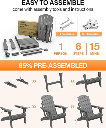 Adirondack Chair with Cup Holder: Adirondack Chairs set of 2 Plastic HDPE Material Furniture - Composite Fire Pit Chairs Foldable for Outdoor/Backyard/Garden/Lawn/Deck/Porch/Patio