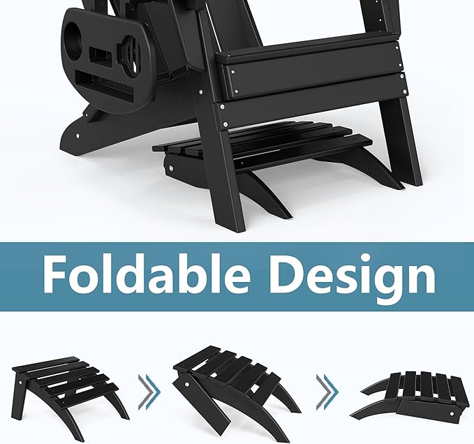 Adirondack Ottoman Set of 2, Folding Adirondack Ottoman for Adirondack Chair, HDPE All Weather Outdoor Footstool for Patio, Backyard, Porch, Garden, Black